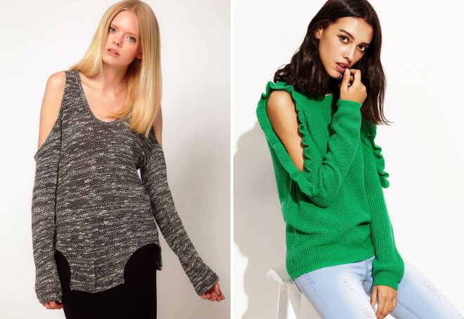 модный свитер с открытыми плечами