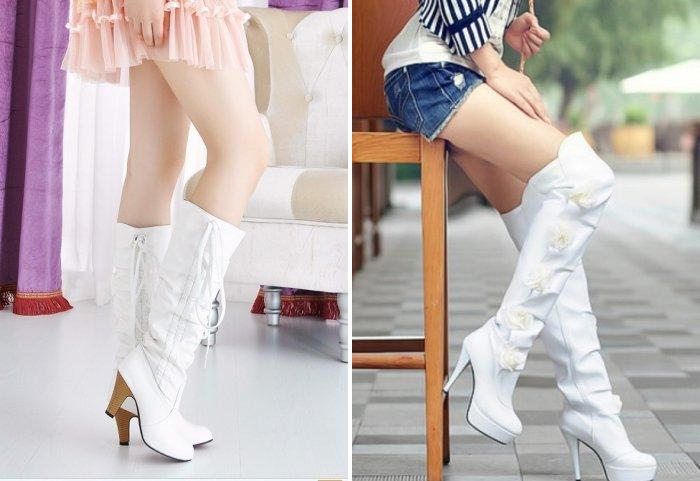 Белые высокие сапоги с рюшами