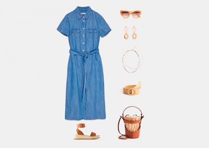 Инфографика: аутфит с джинсовым платьем длиной ниже колена