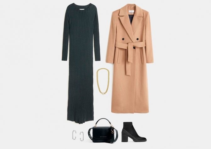 Инфографика: аутфит с серым трикотажным платьем миди