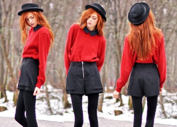 Красный свитер под чёрные шорты фото