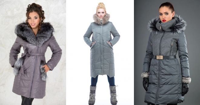 Серое пальто-пуховик с мехом
