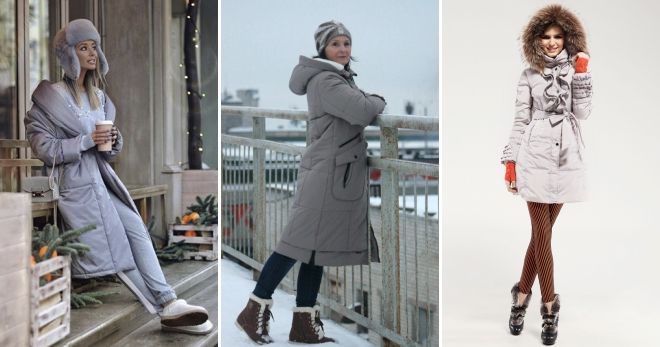 Серый пуховик с мехом обувь